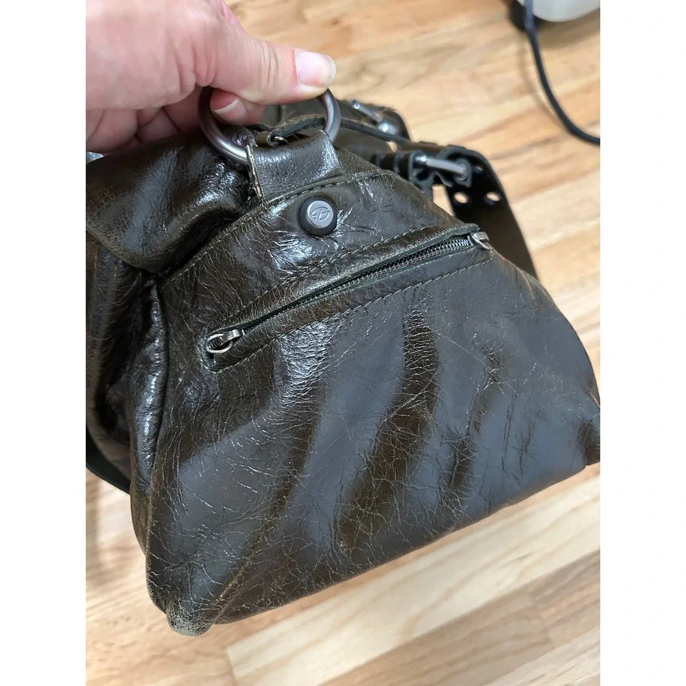 Y2K Francesco Biasia Distressed Leather Satchel Bag Olive Green Grunge